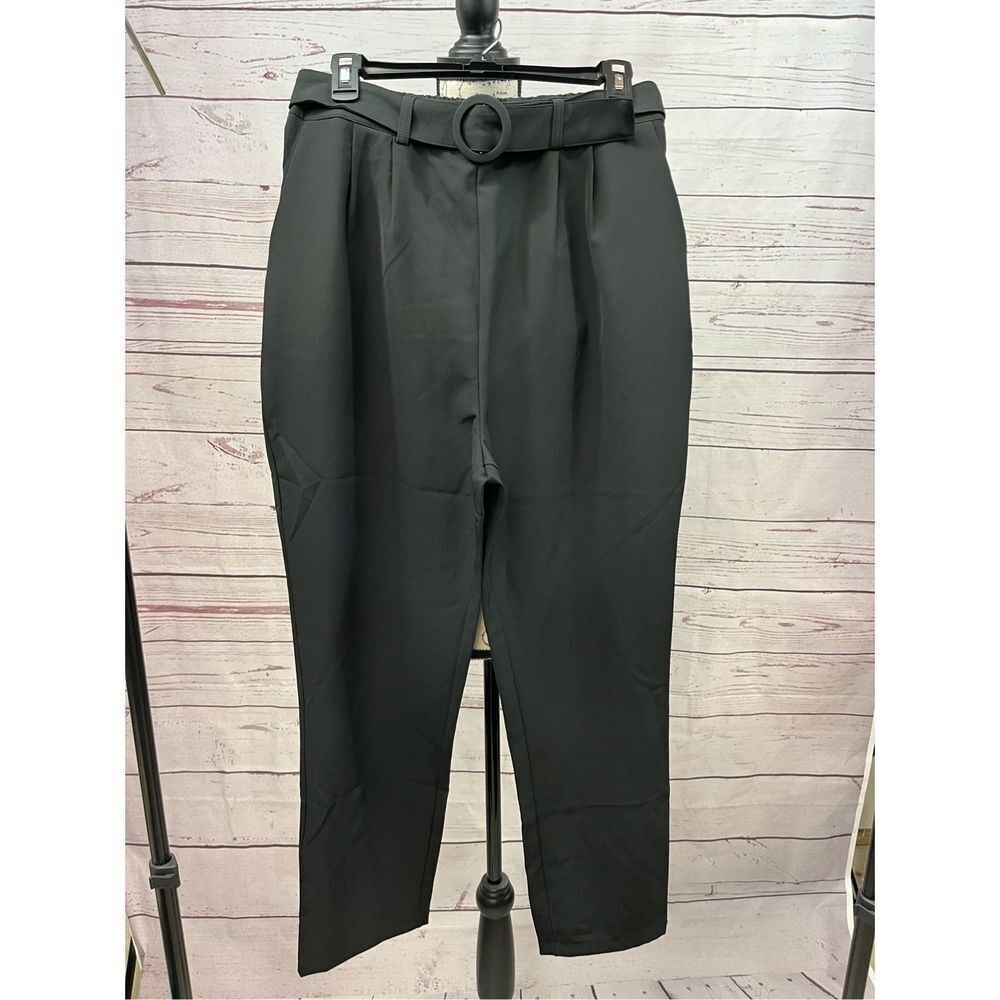 Fab For All Black High Waist Belted Pleated‎ Trousers Career Pants